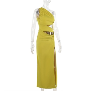 Detail of ginger yellow one-shoulder dress featuring side cutout and high slit design