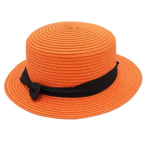Top view of bright orange boater straw hat with black grosgrain ribbon and bow detail