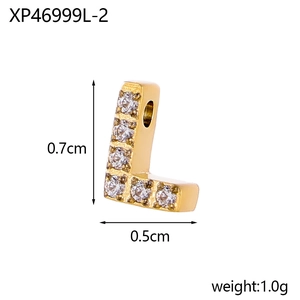 Detail of gold letter L pendant with dimensions 0.7cm height and zircon micro-paving