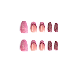 Pink glitter French style press-on nails set with almond tips on white background