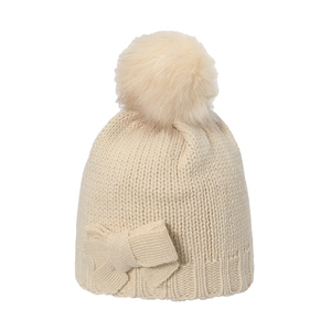 Beige knit beanie for girls featuring a large pom-pom and bow detail on a white background