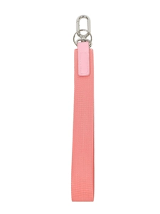 Close-up of pink woven fabric lanyard with silver metal carabiner and leather trim