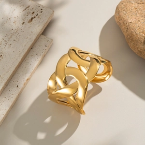 Minimalist wide open cuff bracelet in 18K gold plated stainless steel with cross texture