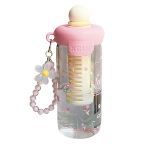 Cute transparent flower water bottle with pink lid and tulip pattern with floral charm