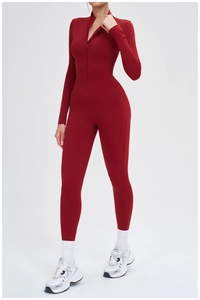 Detailed view of the half-zipper stand collar on the burgundy thermal yoga bodysuit