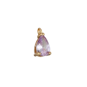 Gold-plated teardrop pendant with light purple zircon crystal on white background