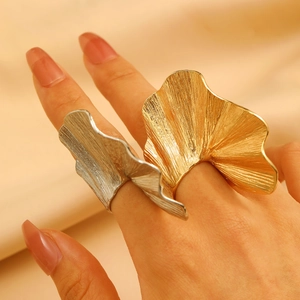 Ginkgo leaf design irregular textured rings in gold and silver finish for women