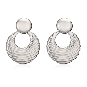 Retro bow-shaped silver striped circular drop earrings with 18K gold plated metal texture