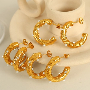 Hammered C Shaped Hoop Earrings Gold Plated Stainless Steel With Imitation Artificial Pearl And Rhinestone Retro Elegant For Women