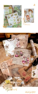 Dettaglio di adesivi vintage per scrapbooking fai-da-te con temi botanici e retrò