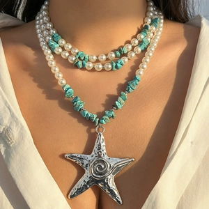Layered Necklace With Large Starfish Pendant Faux Artificial Pearl And Synthetic Turquoise Ocean Style Summer Beach Jewelry For Women