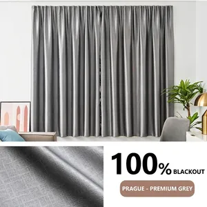 Premium grey blackout curtain with velcro design and woven texture for bedroom windows