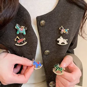 Rocking Horse Brooch Alloy Enamel Rhinestone Pin Cartoon Animal Clothing Accessories Fashion Jewelry For Women Gift Cute