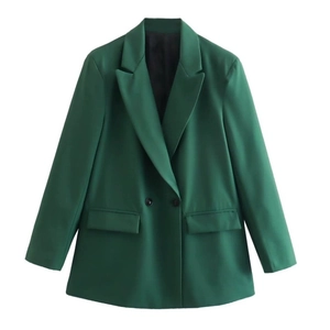 Deep green long sleeve blazer with classic lapel and double-breasted closure on white background