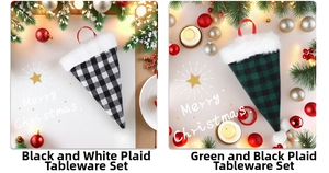 Close-up of buffalo plaid Christmas cutlery holders with white faux fur trim and red lanyards