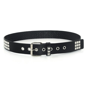 Detail of black leather belt with silver square pyramid studs and pin buckle close-up