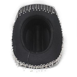 Top view of a black cowboy hat featuring decorative silver rhinestone fringe details