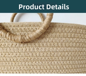 Macro detail of handwoven cotton rope beach bag showing texture and green trim