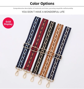 Detail of adjustable woven shoulder straps with geometric patterns and gold metal hooks