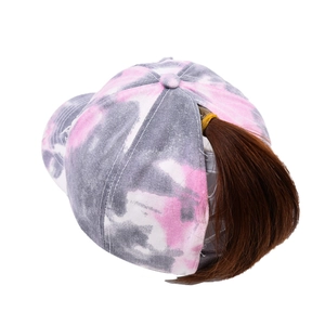 Tie-dye ponytail baseball cap with high opening in pink and gray for outdoor sun protection