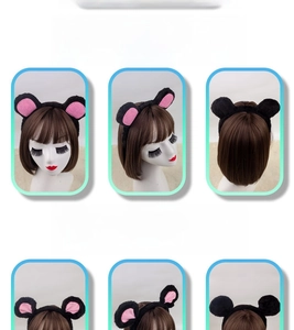 Detailed views of plush mouse ears headband showing front and side wear on a model