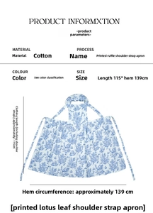 Detailed size chart for floral cotton apron with ruffled straps measuring 115x139 cm