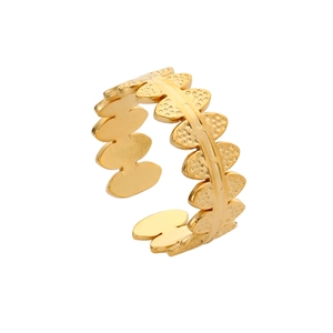 Detailed view of adjustable golden leaf ring featuring smooth and textured leaf patterns