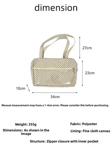 Detailed size chart for the polka dot tote bag with dimensions and material specs