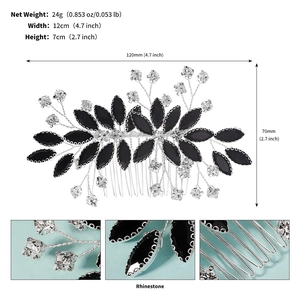 Detail of silver wire bridal hair comb with black marquise stones and clear rhinestones