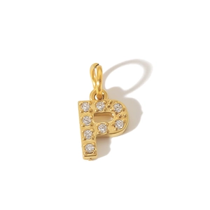 Macro view of gold-plated PVD 316L stainless steel letter P pendant with zircon inlay