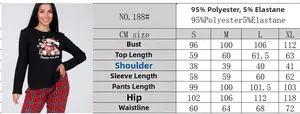 Detailed size guide for Christmas pajamas set with polyester and elastane fabric info