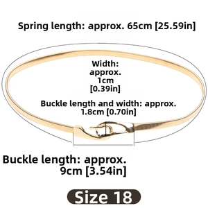 Detailed view of golden elastic spring belt dimensions with hook closure and buckle measurements
