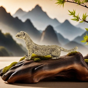 Handcrafted brass lynx figurine on mossy wood base with mountain landscape background