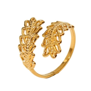 Detail view of 18k gold plated leaf textured adjustable ring with a polished finish