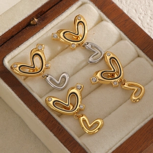 Stainless Steel Heart Stud Earrings With Zirconia And Black Enamel Double Heart Minimalist Trendy For Women