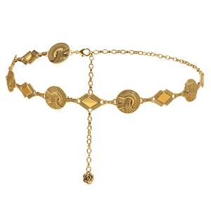 Vintage gold metal waist chain with engraved geometric pieces and rose flower pendant
