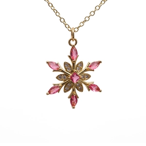 Exquisite 18K gold-plated snowflake pendant necklace with pink and clear cubic zirconia