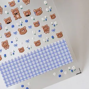 3D Embossed Nail Stickers Cartoon Bear Flower Blue Bow Plaid Self Adhesive Ultra Thin Manicure Art Decoration Decals