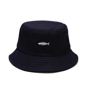 Classic cotton canvas bucket hat with white fishbone embroidery in deep navy blue