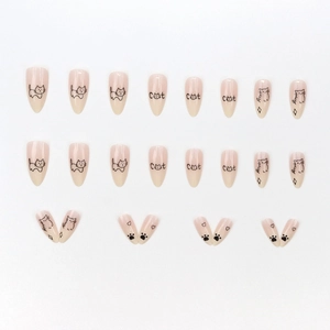 Cute doodle cat press-on nails with 24 pieces of almond-shaped gradient pink nail tips