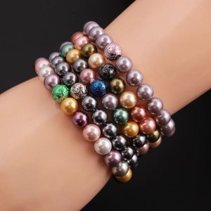 Fashion Shell Artificial Pearl Bracelet With Volcanic Lava Stone Round Beaded Elastic Stretch Jewelry For Women