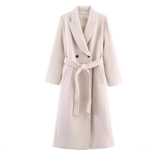 Elegant beige double-breasted long wool coat with belt for women casual winter fashion