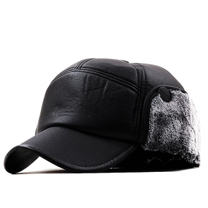 Men Winter Baseball Cap With Earflaps Leather Texture Faux Fur Lining Warm Windproof Hat For Outdoor
