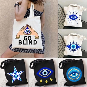 Graffiti Greek Evil Eye canvas tote bags with mystic prints in black and white styles