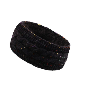 Detail of cable knit headband with colorful confetti and warm black fleece lining