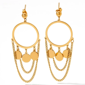 Macro detail of gold geometric hoop earrings with polished discs and tassel chain