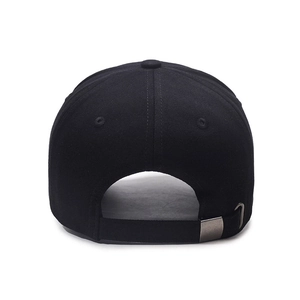 Rear view of vintage black embroidered baseball cap with adjustable metal strap buckle
