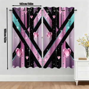 Detail view of heart pattern velvet curtains with silver grommets and dimensions shown