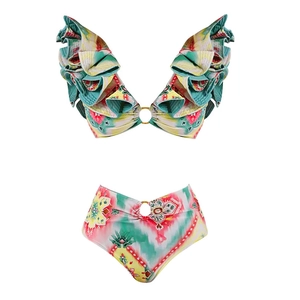 Detail of ruffled deep V-neck bikini top with ethnic print and golden ring buckle