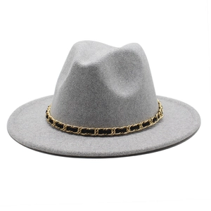 Classic dark grey wool fedora hat with elegant gold chain and black leather band decoration